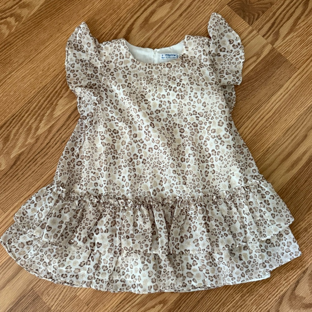 Mayoral Sheer lined ruffled Animal Print Dress‎ Sz 2 yrs 92cm cream gold